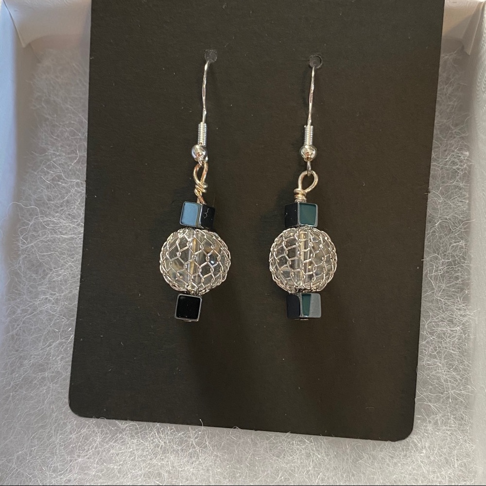 3/$18 Edgy Mesh & Glass Hematite Dangle Earrings